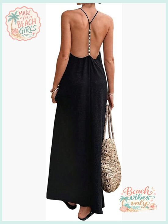 Dresses & Skirts - Backless Linen Maxi Dress - Open Back Summer Sundress Beach V-Neck Sleeveless